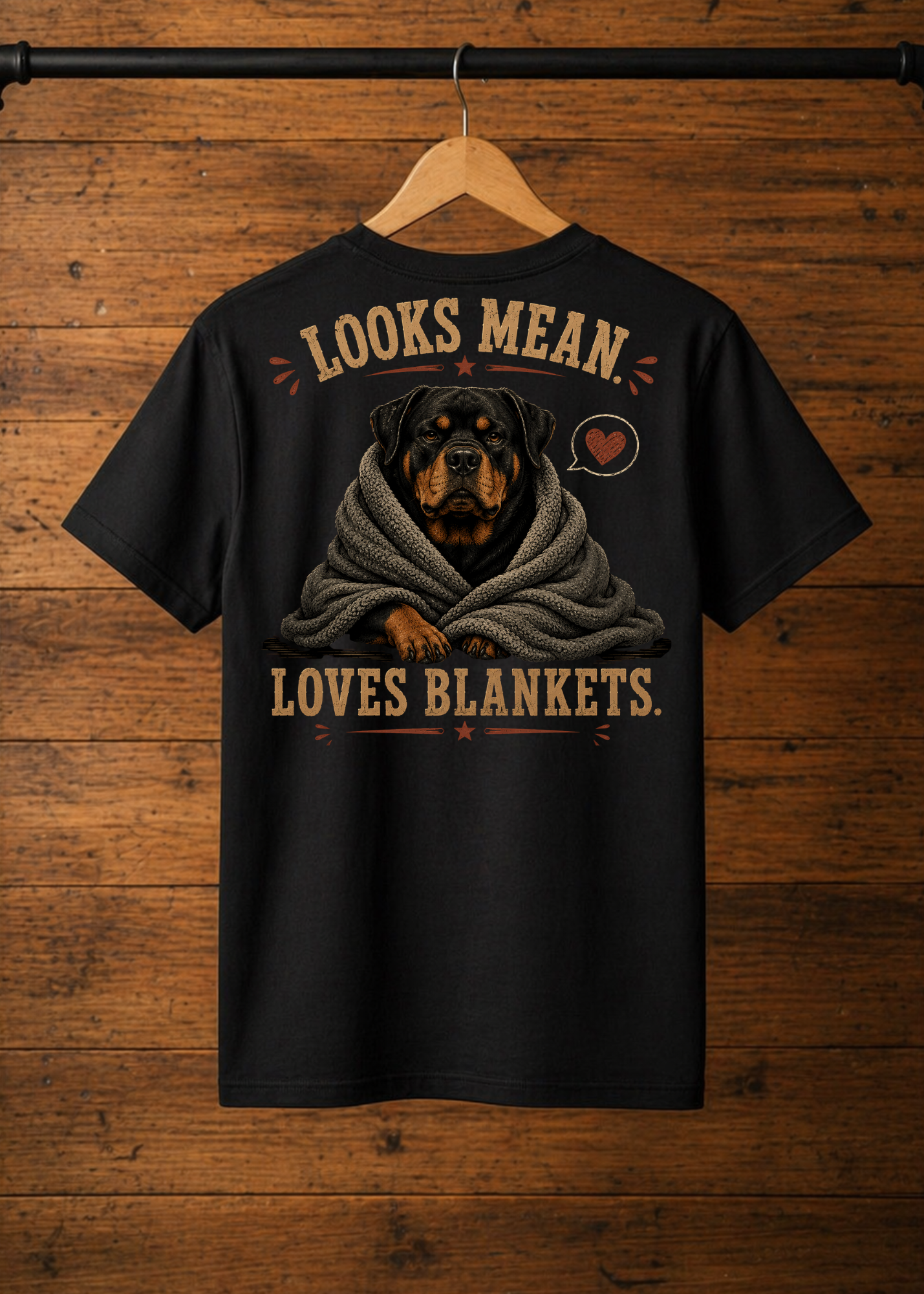 T-Shirt Look mean. Loves blankets.